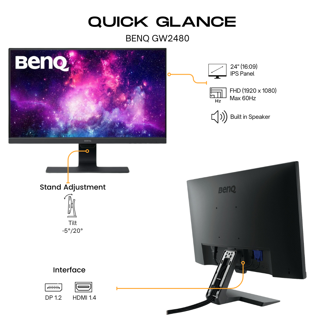 BenQ GW2480 24 Inch FHD 1080p Eye-Care LED Monitor, 1920x1080 Display, IPS Panel, 1Wx2 Speakers
