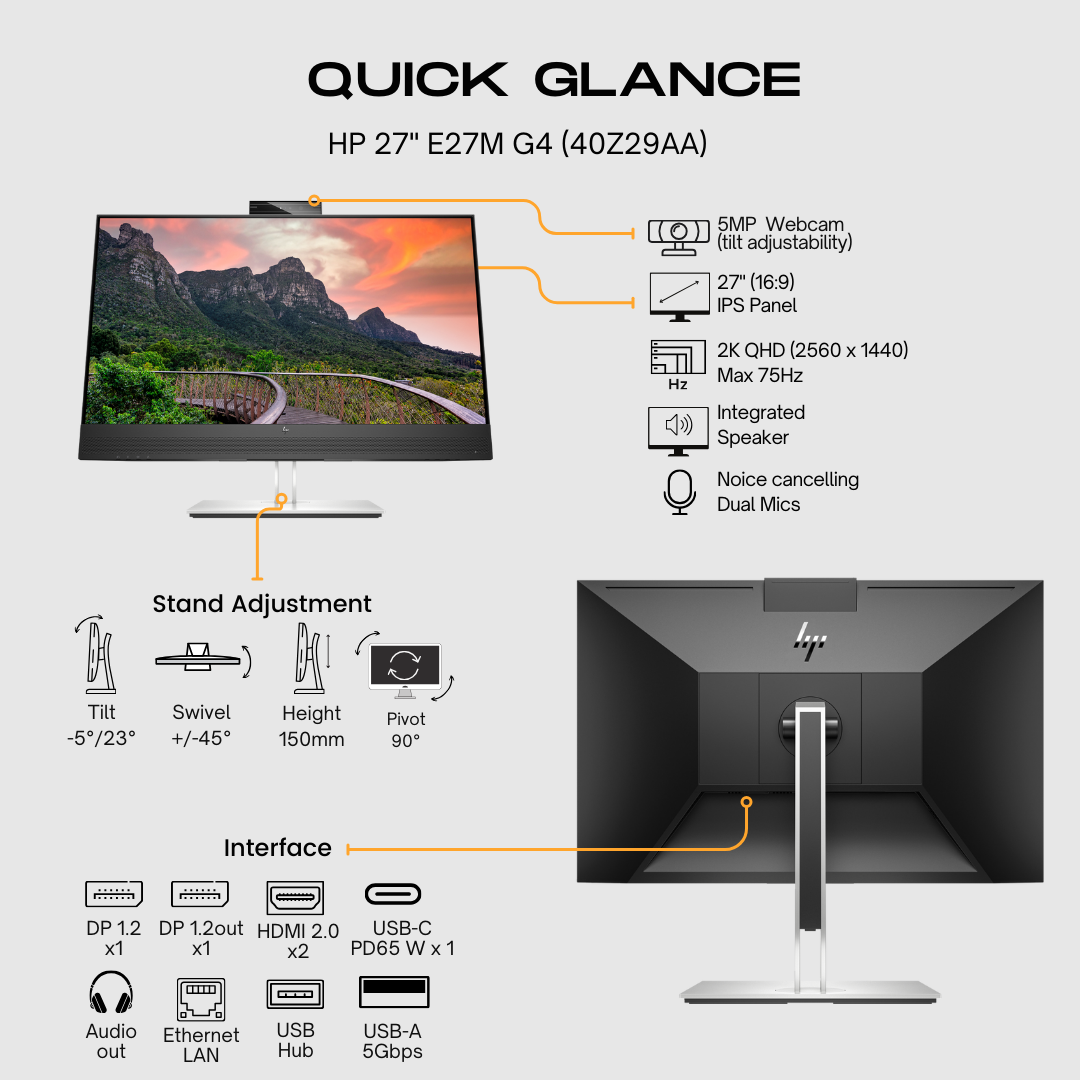 HP E27m G4 27" QHD Conferencing Monitor – USB-C, Webcam, 3Y Warranty 40Z29AA atomoffice