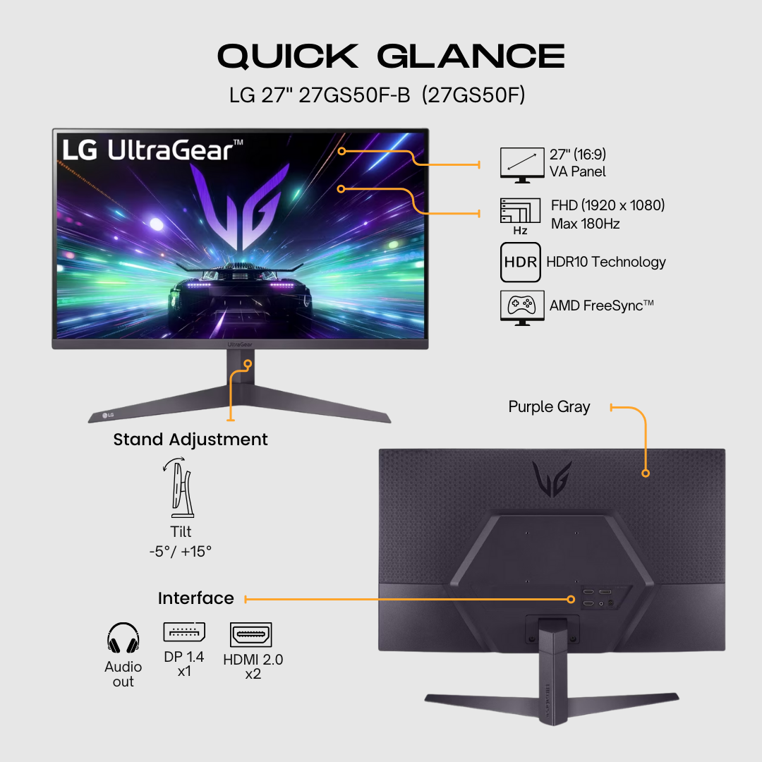 LG 27GS50F-B 27" FHD 180Hz VA Panel Gaming Monitor atomoffice