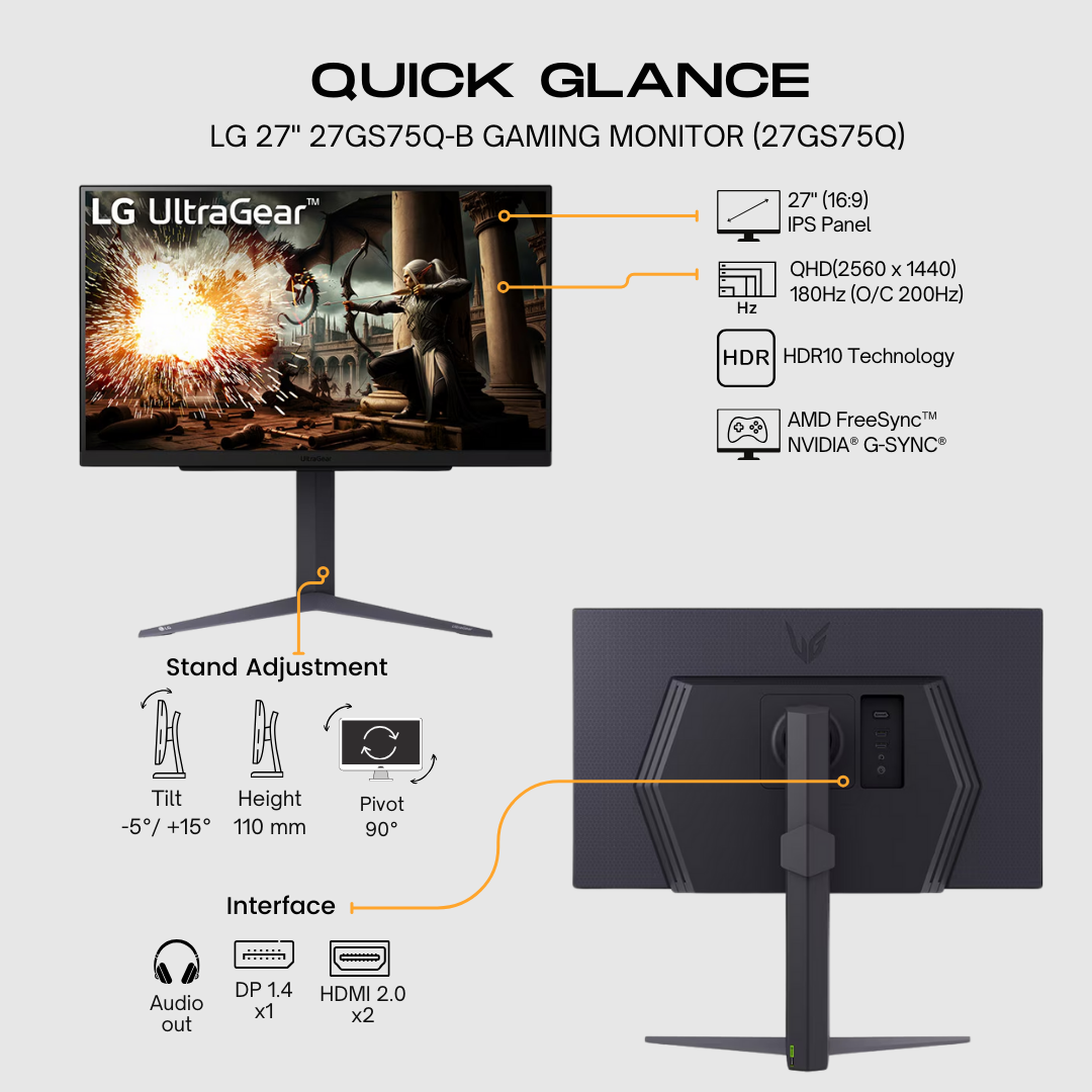 LG UltraGear™ 27GS75Q-B 27" QHD 180Hz IPS Gaming Monitor atomoffice