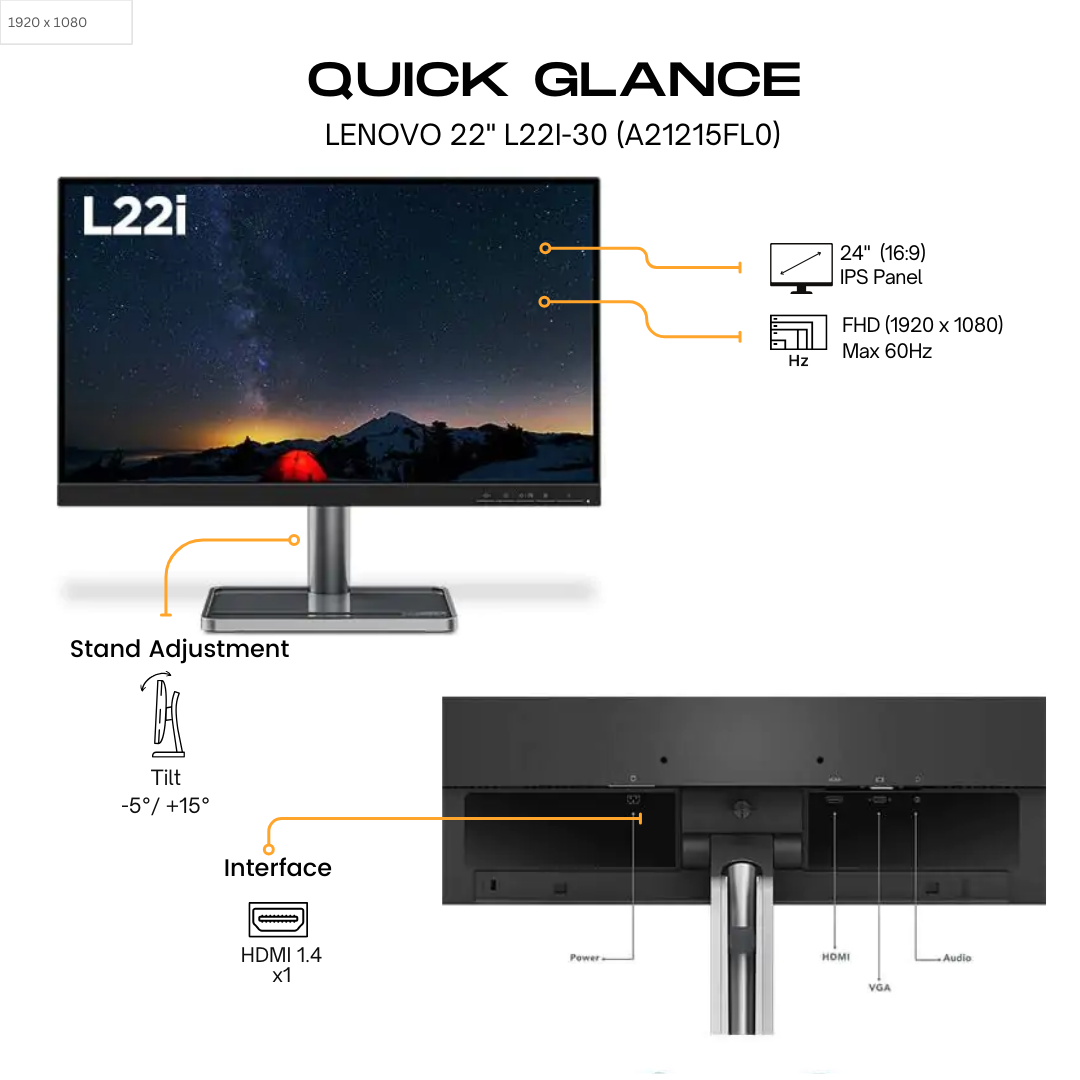 Lenovo 22" L22i-30 Flat FHD Monitor IPS panel 75Hz- HDMI, VGA