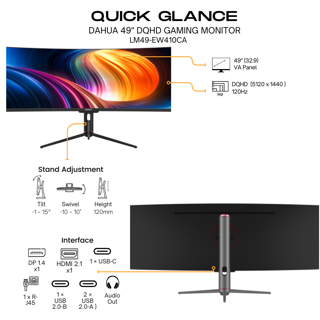 Dahua 49" DHI-LM49-EW410CA Dual QHD 120Hz VA Panel Gaming Monitor - HDR - 3 year Dahua UAE warranty atomoffice