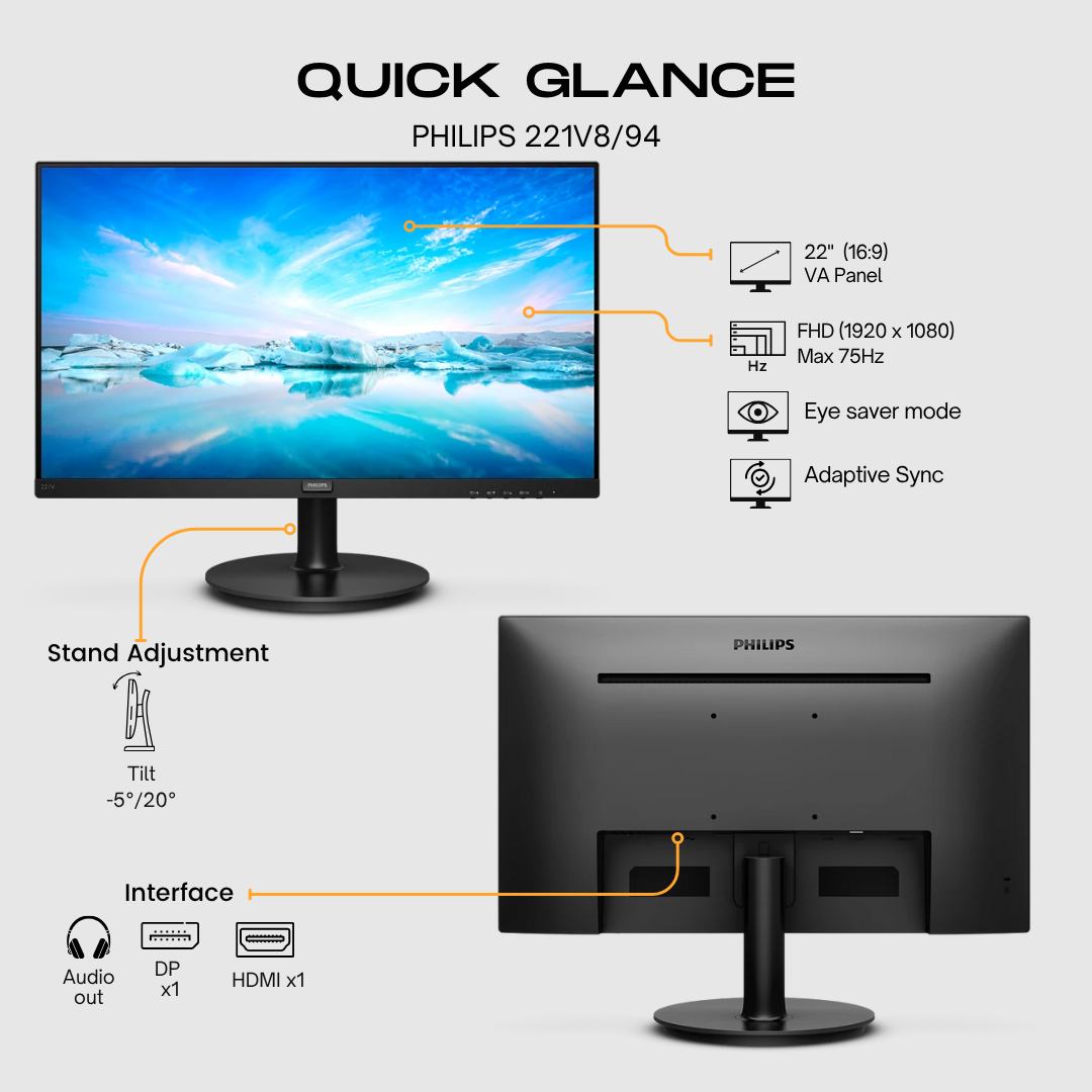 Philips 22" 221V8/94 21.5" 54cm Smart Image LED FHD Monitor, TN Panel Borderless - HDMI atomoffice