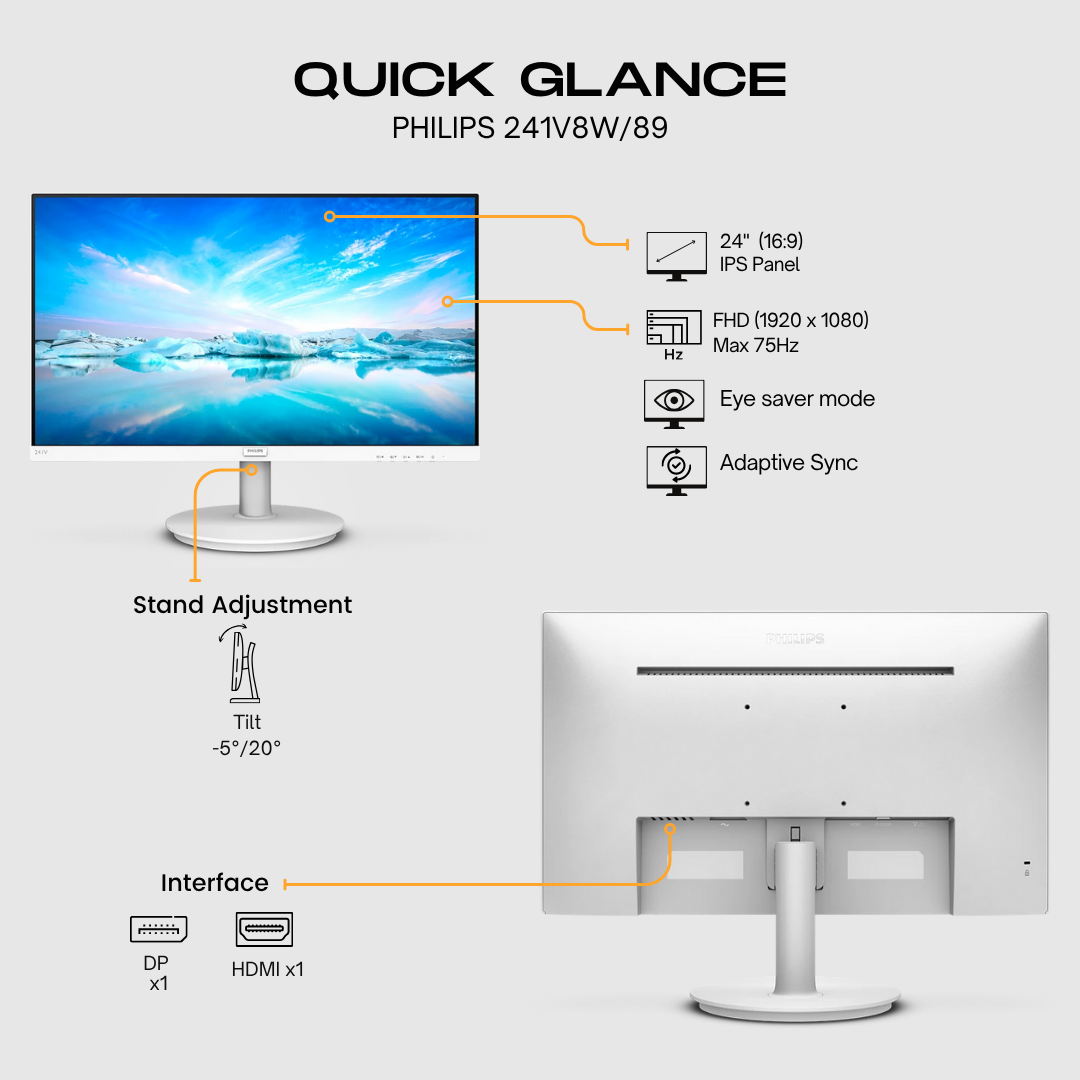 Philips 24" 241V8W Flat FHD Monitor, IPS Panel 75Hz- HDMI atomoffice