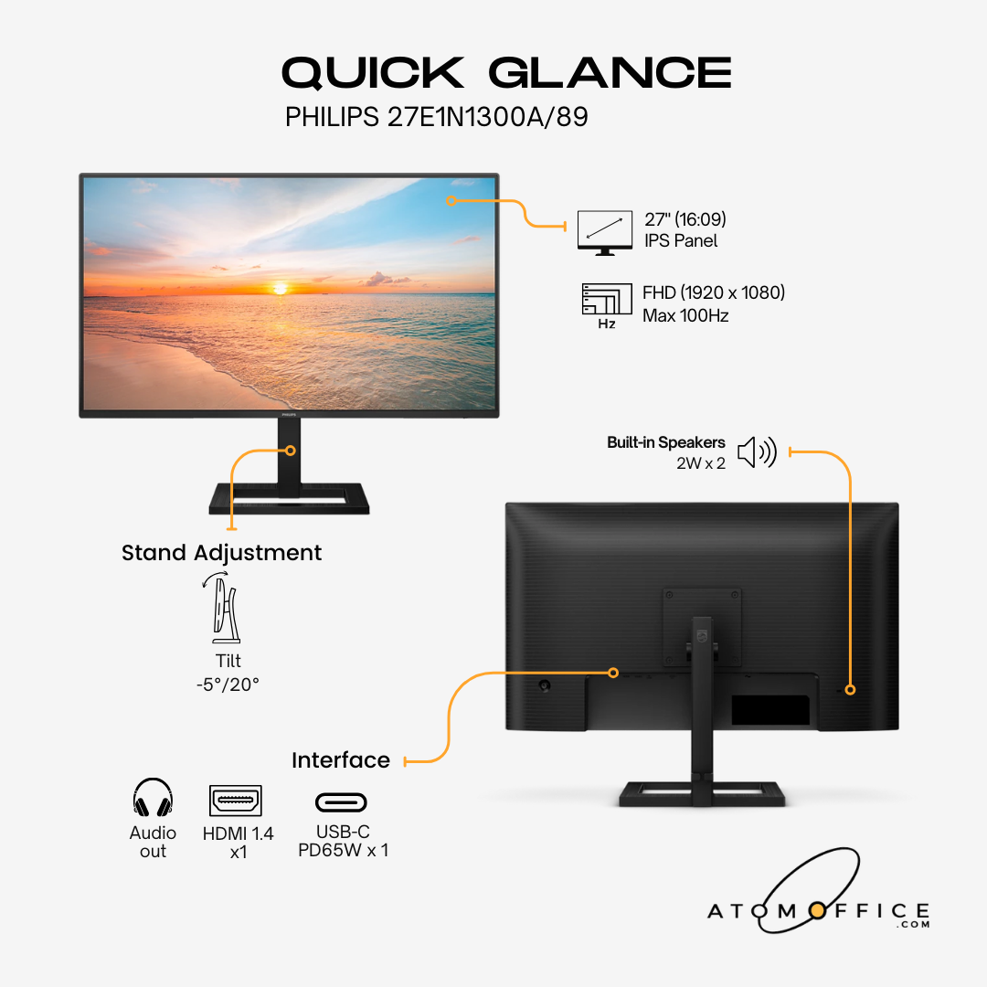 Philips 27" 27E1N1300A Flat FHD Monitor IPS panel 100Hz- DP, HDMI, USB-C atomoffice