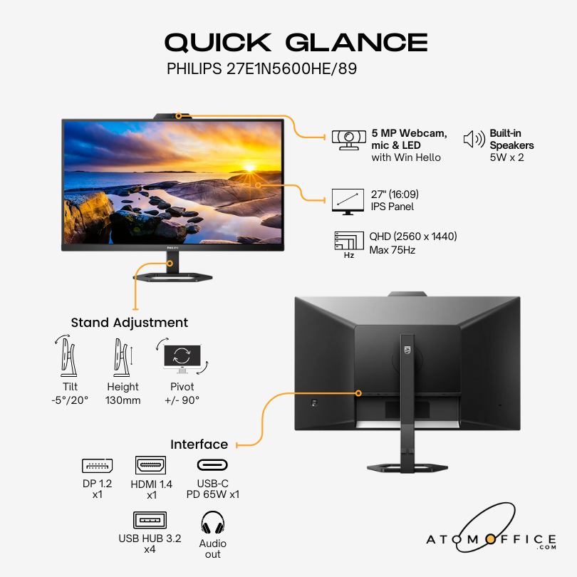 Philips 27" 27E1N5600HE Flat QHD Monitor IPS panel 75Hz- DP, HDMI, USB-C with built in Speaker and Webcam atomoffice