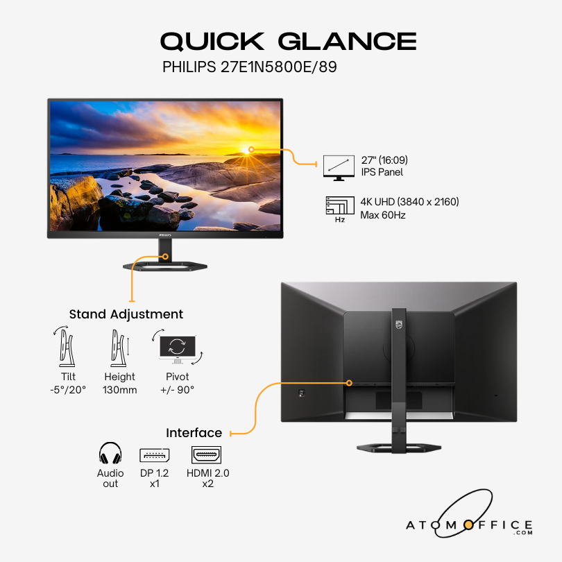 Philips 27" 27E1N5800E Flat 4K UHD Monitor IPS panel 60Hz- DP, HDMI atomoffice