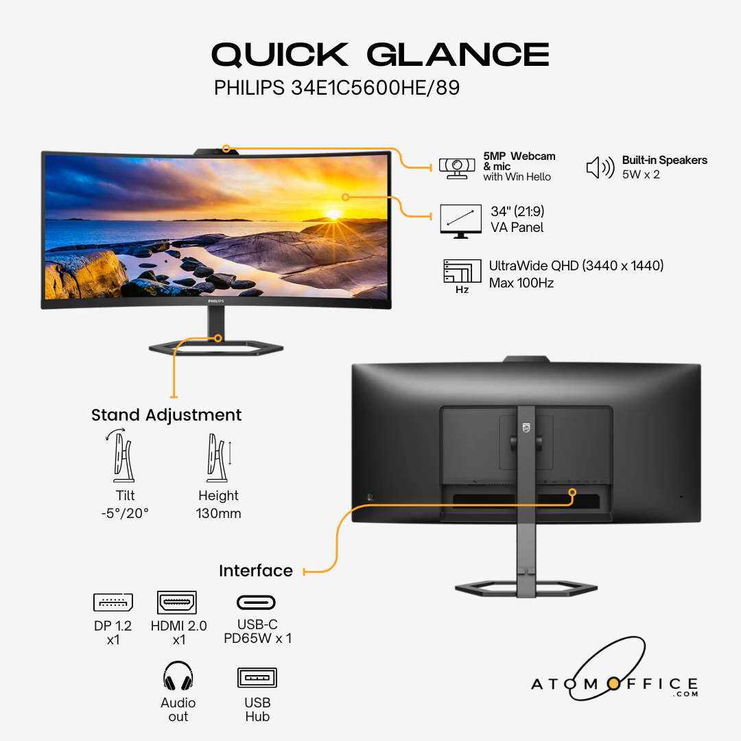 Philips 34" 34E1C5600HE Curve UltraWide WQHD Monitor VA panel 100Hz- DP, HDMI, USB-C with bulit in Webcam and Speaker atomoffice