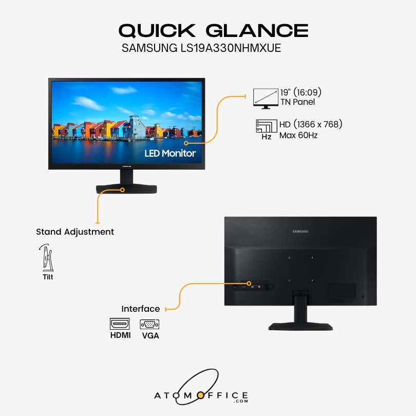 Samsung S33A Flat Monitor 60Hz, Eye Saver Mode, Flicker Free - HDMI, VGA atomoffice