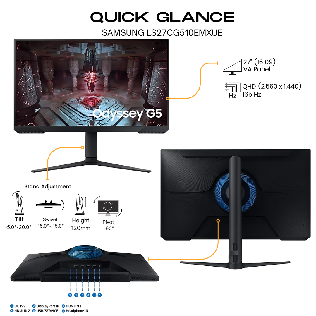 Samsung 27" LS27CG510 G5 Odyssey Flat QHD Gaming Monitor VA Panel- 165Hz, DP, HDMI atomoffice