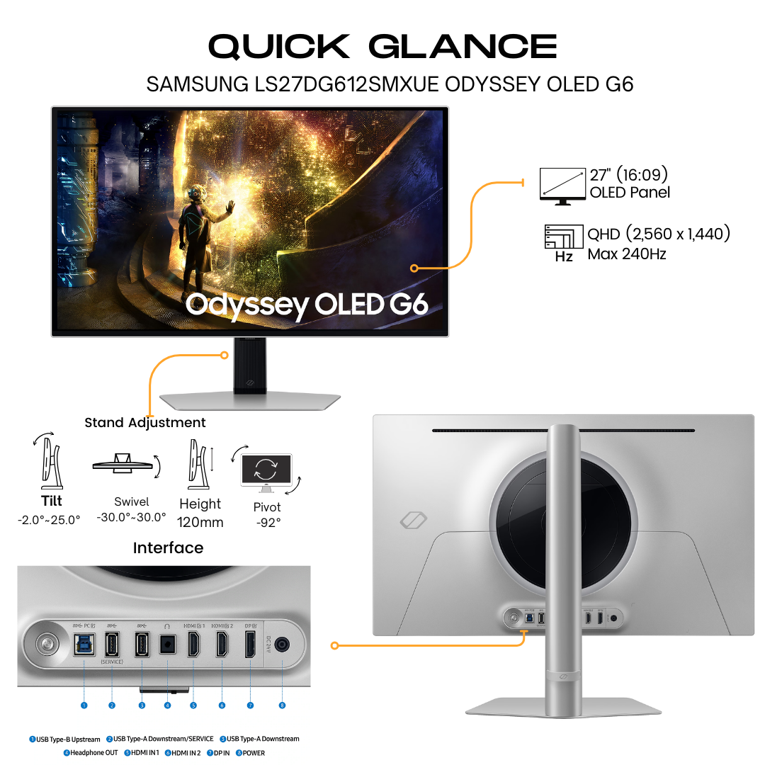 Samsung 27" LS27DG612SMXUE Odyssey OLED G6 G61SD Gaming Monitor - 240Hz, DP,HDMI,USB hub atomoffice