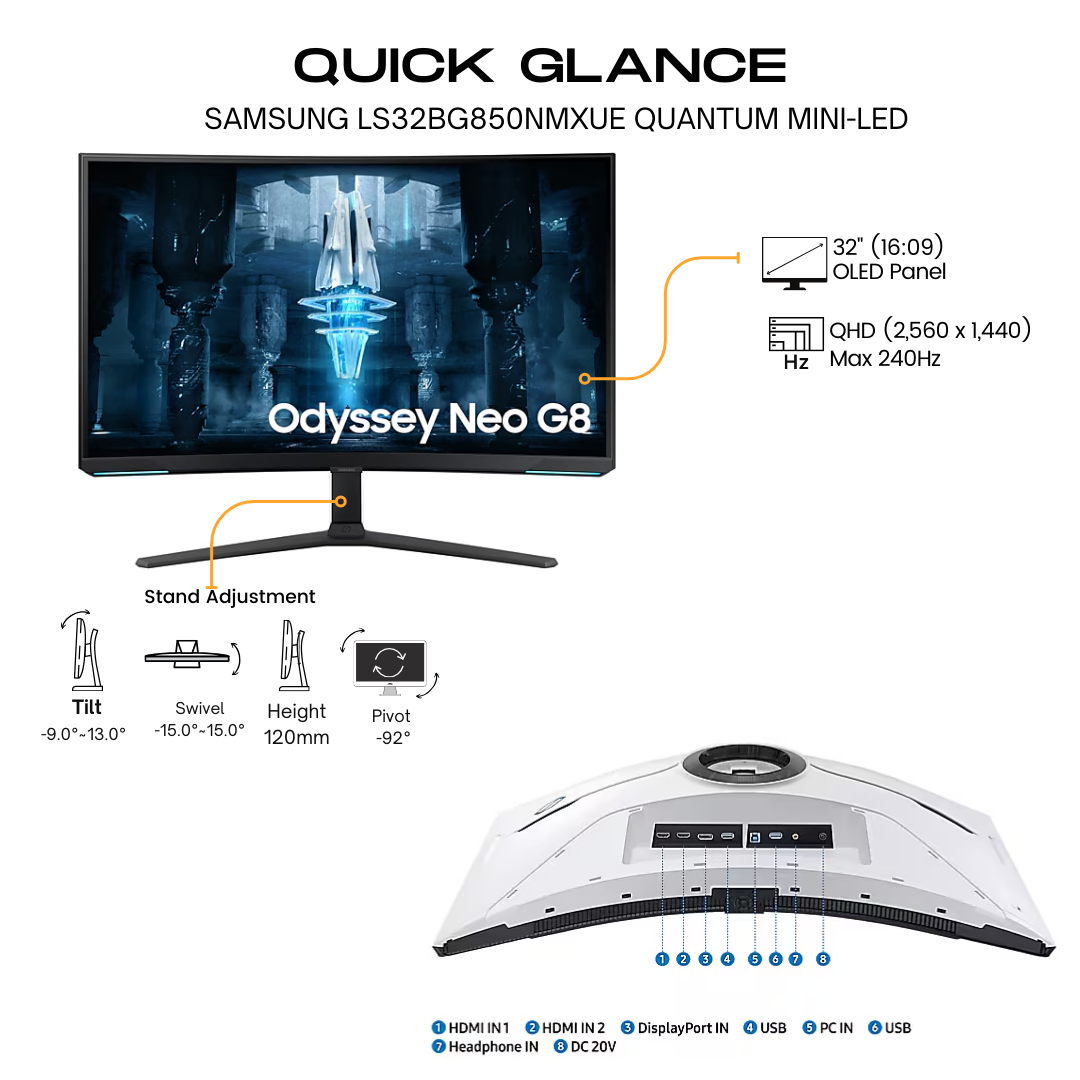 Samsung 32" LS32BG850NMXUE Odyssey Neo G8 Curved UHD Gaming Monitor 1MS-240Hz, Quantum Mini-LED