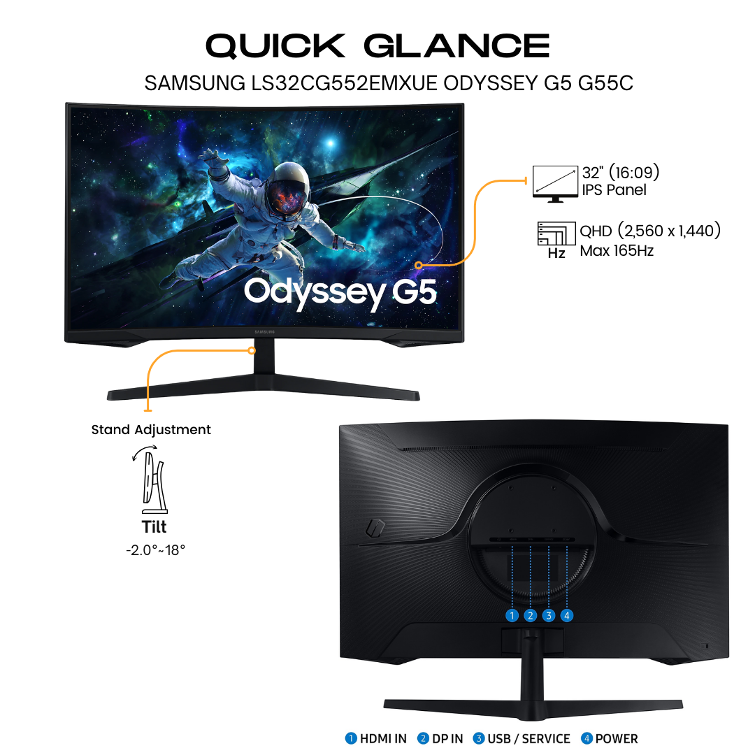 Samsung 32" LS32CG552EMXUE Odyssey G5 Curved QHD Gaming Monitor 1MS-165Hz, HDR10, Super Arena Gaming UX atomoffice