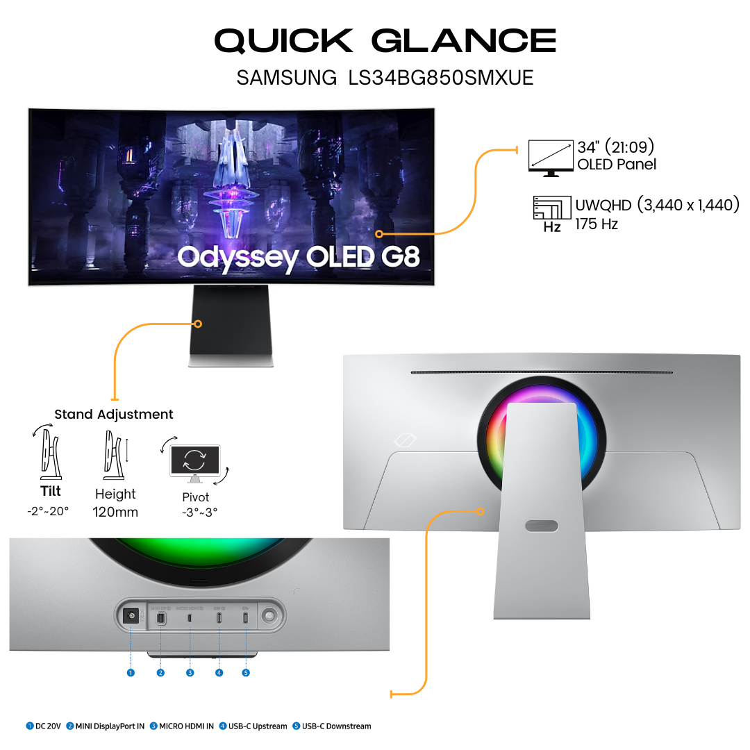 Samsung 34" LS34BG850 Odyssey 1800R Curved UWQHD Monitor OLED panel 175Hz-MicroHDMI, MiniDP, USB-C & Speakers, Silver
