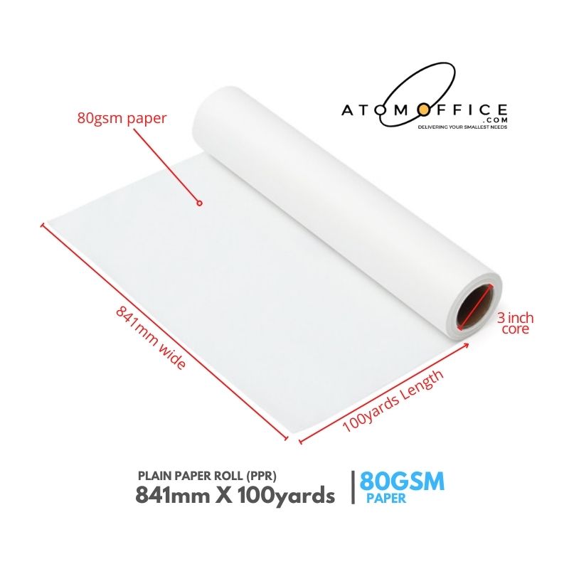 Plotter Plain Paper Rolls 841mm x 100yards - 3inch 2 roll/Box - 80gsm atomoffice