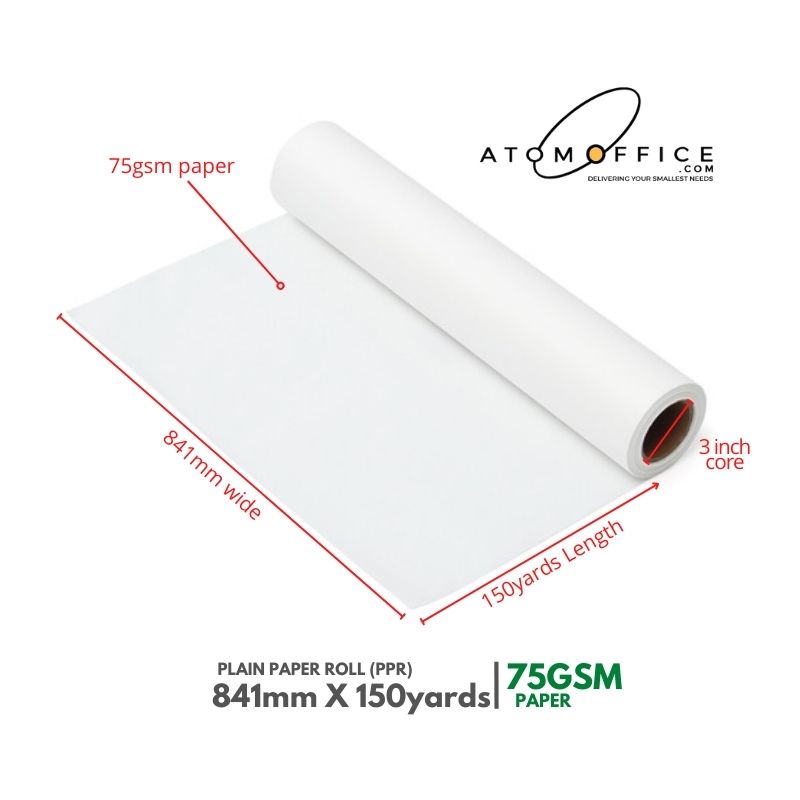 Plotter Plain Paper Rolls 841mm x 150yards - 3inch 2 roll/Box atomoffice