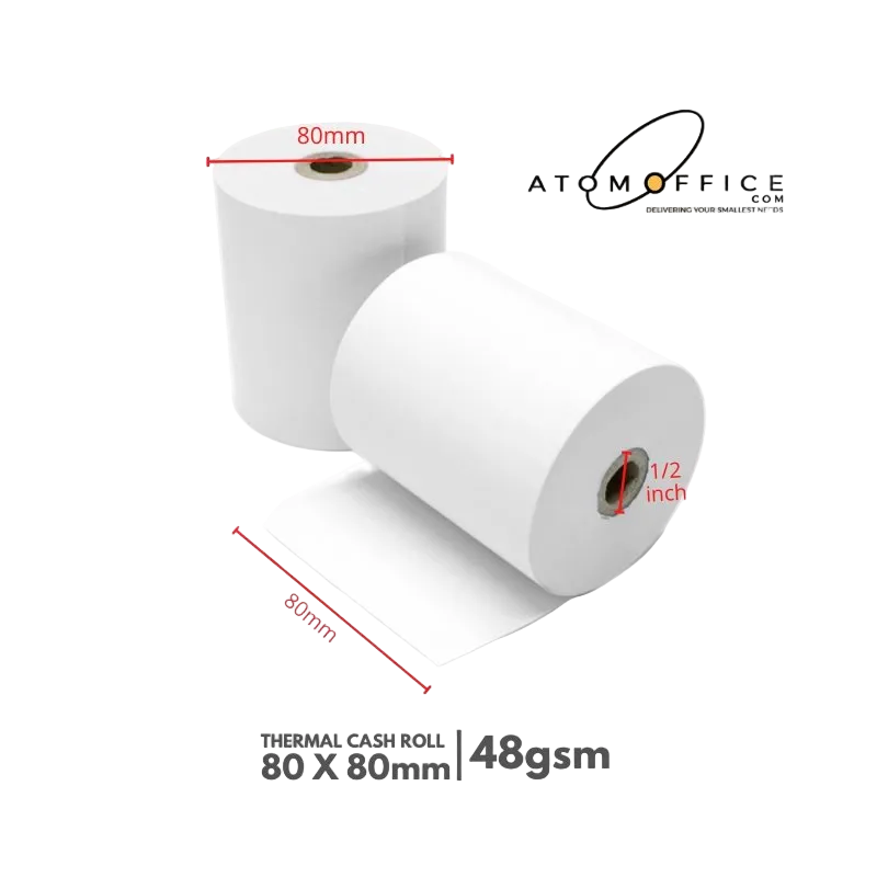 Thermal Cash Rolls 80mm x 80mm - 1/2inch 48gsm atomoffice