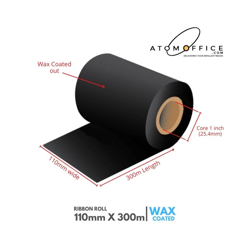 Thermal Transfer Wax Ribbon Roll 110mm x 300mtrs - 1 inch core Ink out atomoffice