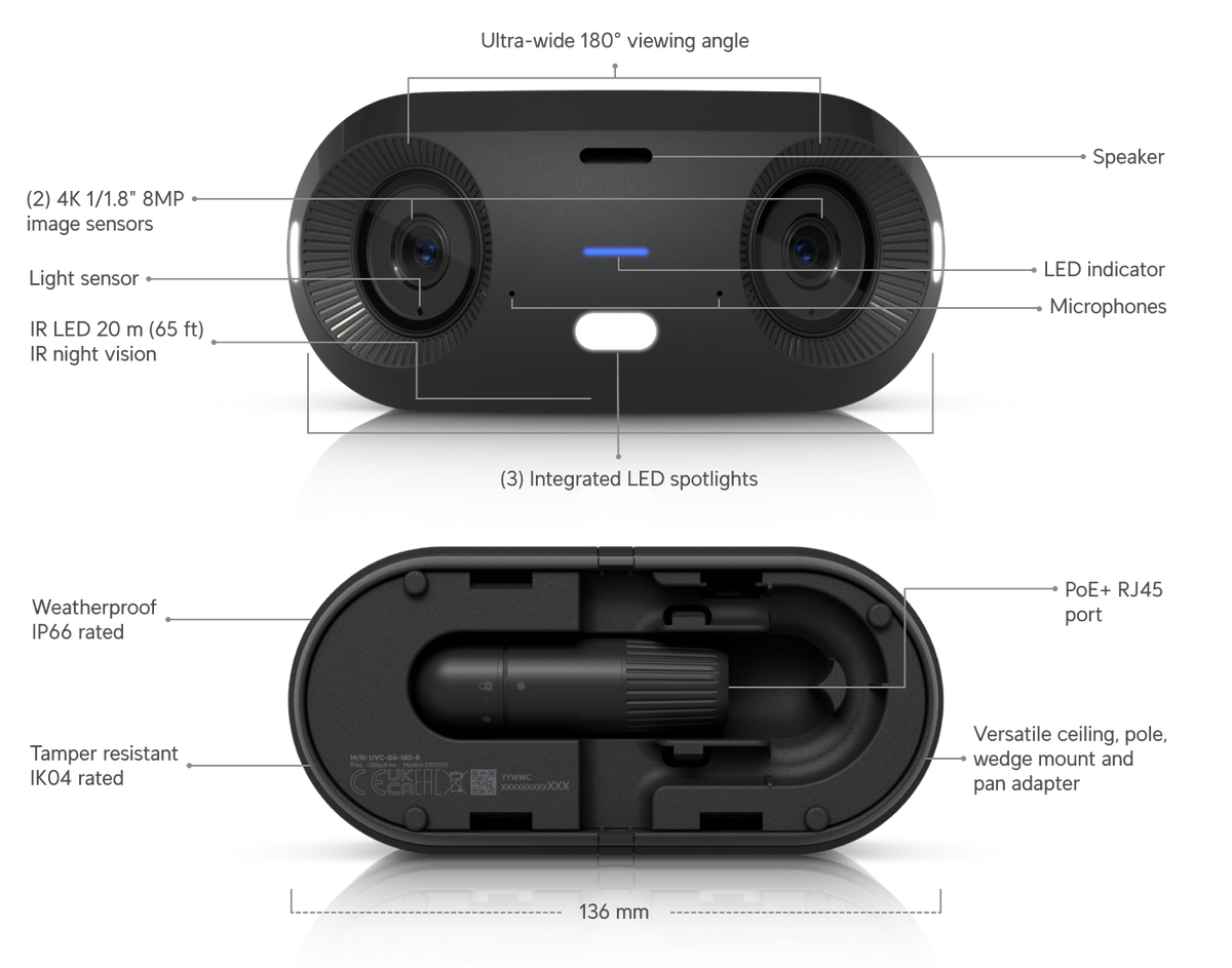 Ubiquiti Camera G6 180, Dual 4K 16MP Panoramic PoE+ Camera, 180° View, AI Face and Plate Recognition, IP66 atomoffice