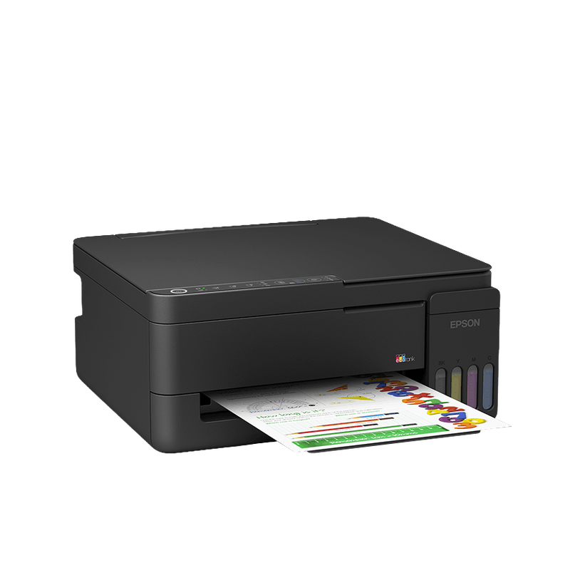Epson EcoTank L3350 three-quarter view showing the compact body and ink tank unit