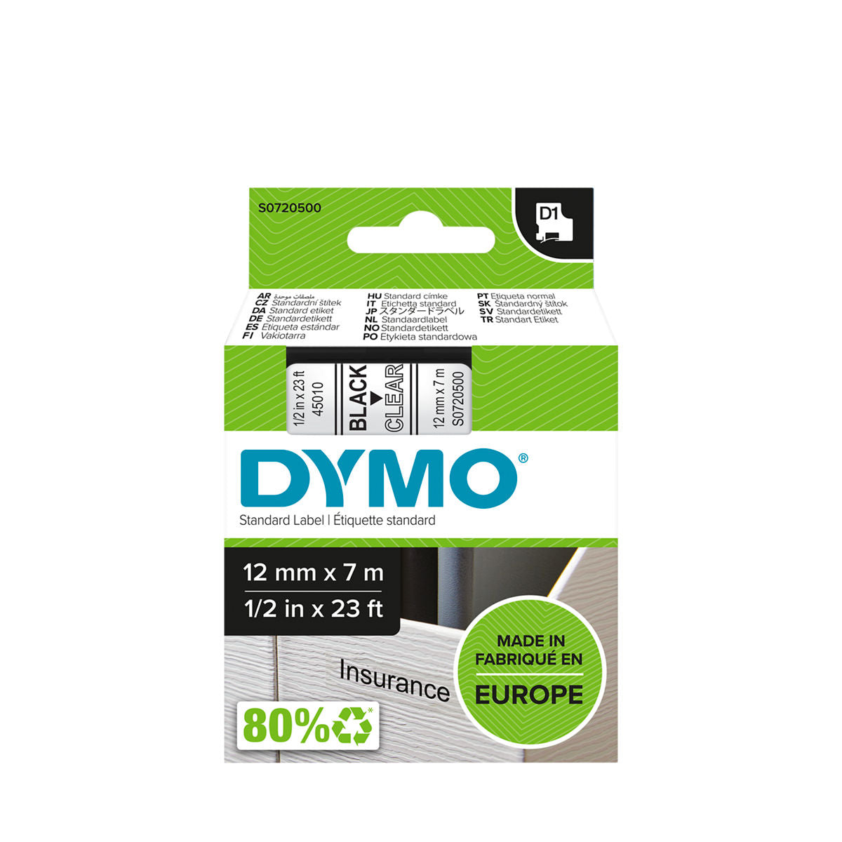 Dymo D1 Label Tape 12mm x 7m Black on Clear 45010 atomoffice