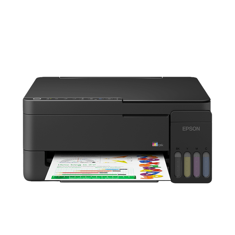 Epson EcoTank L3350 front view with printed output and front-facing ink tanks
