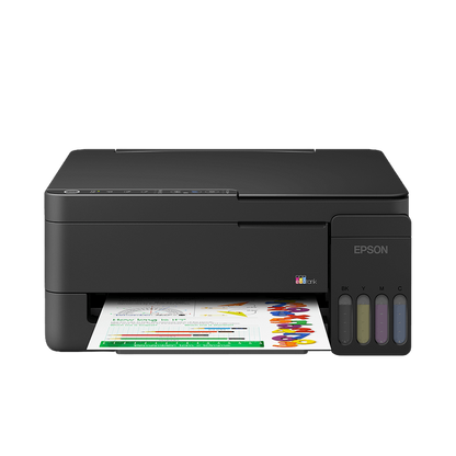 Epson EcoTank L3350 front view with printed output and front-facing ink tanks