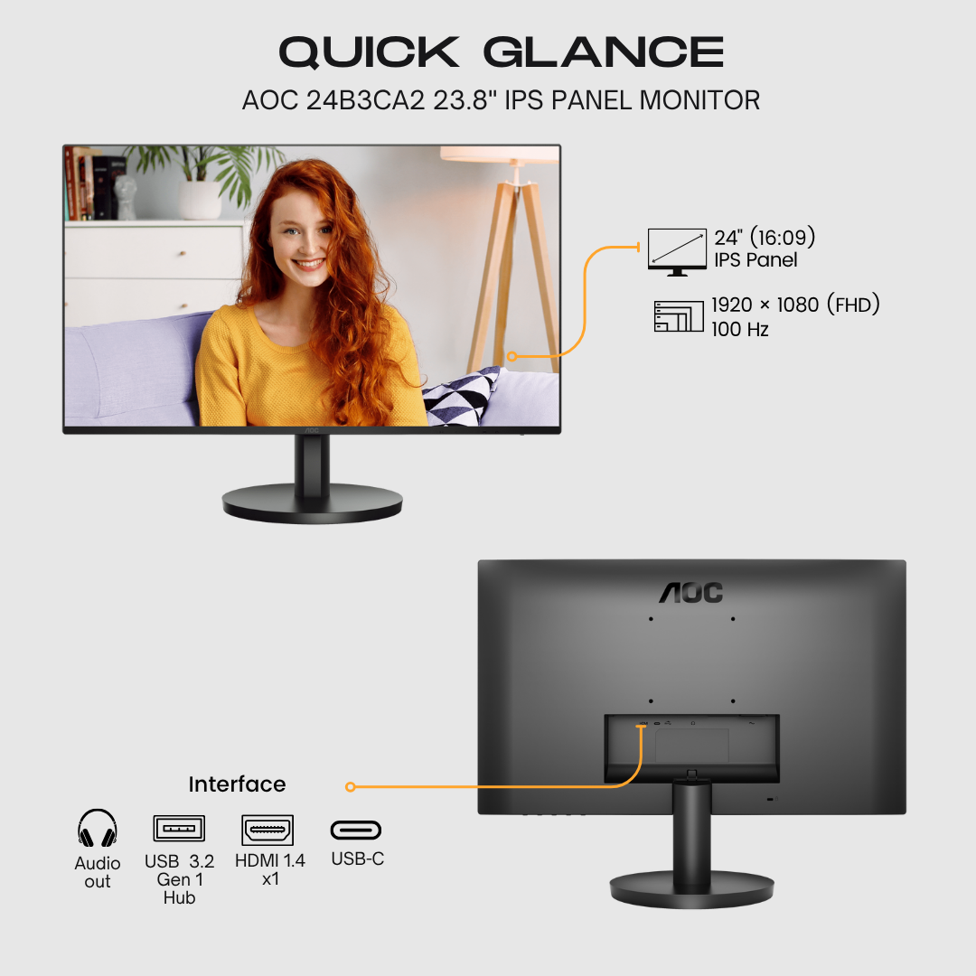 AOC 24&quot; 24B3CA2 Flat FHD Monitor, IPS Panel 100Hz- HDMI, USB-C atomoffice