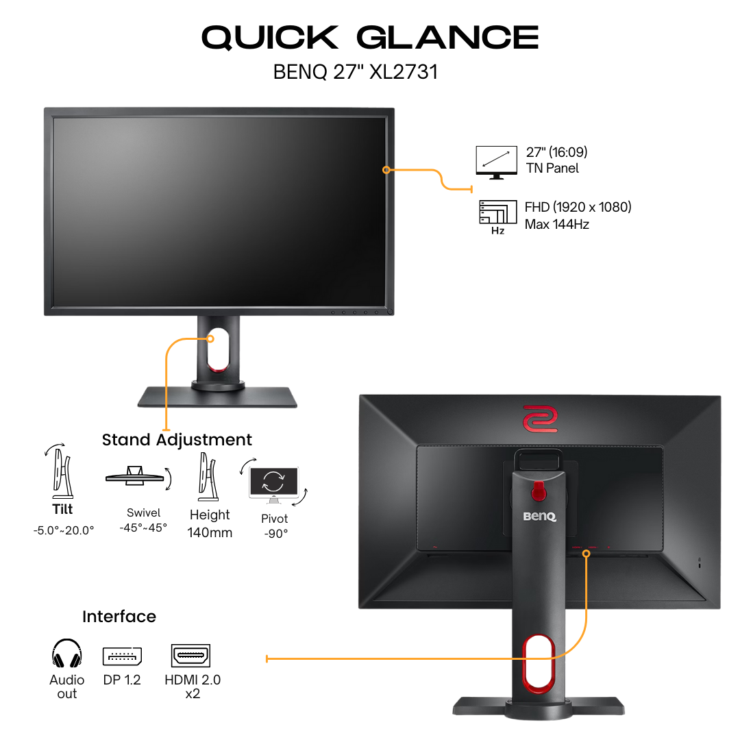 BenQ 27" XL2731 Flat FHD Monitor, TN Panel 144Hz- DP, HDMI atomoffice