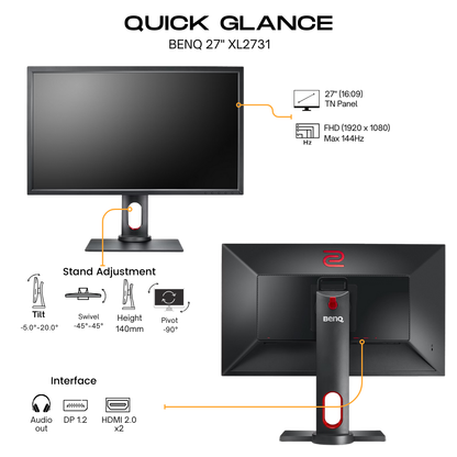 BenQ 27&quot; XL2731 Flat FHD Monitor, TN Panel 144Hz- DP, HDMI atomoffice