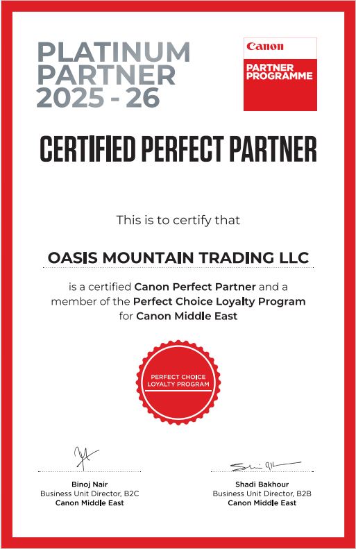 Canon Platinum Partner certificate 2025-2026 issued to Oasis Mountain Trading LLC, trading as AtomOffice, United Arab Emirates