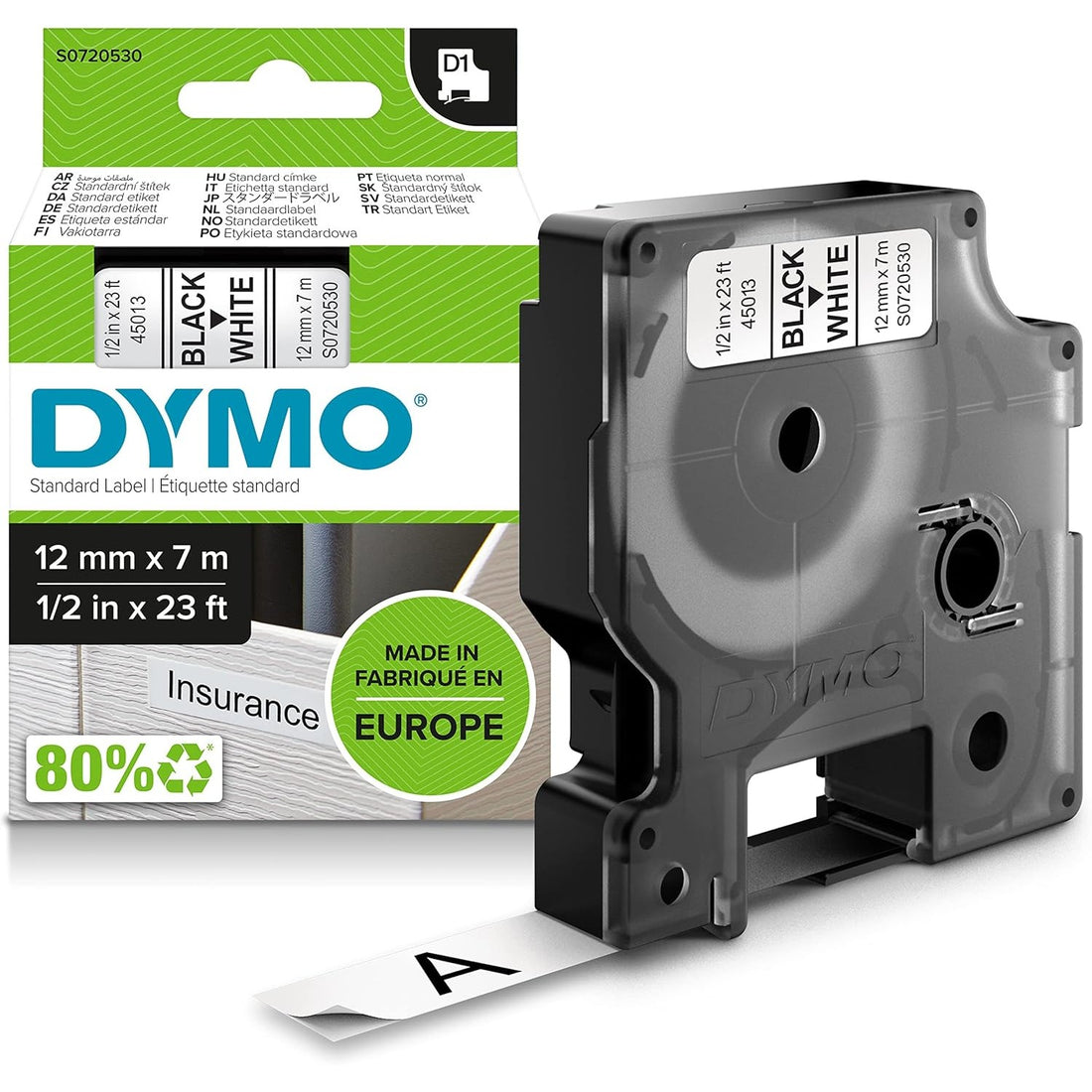 Dymo 12mm×7m Black on White D1 Label for LabelPoint, LabelManager, LabelWriter Duo, MobileLabeler atomoffice
