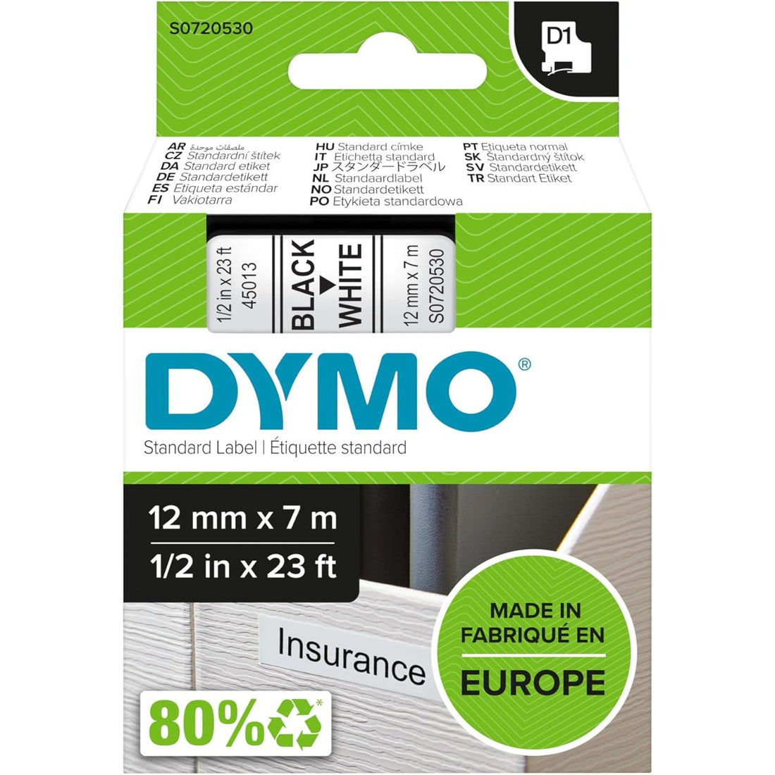 Dymo 12mm×7m Black on White D1 Label for LabelPoint, LabelManager, LabelWriter Duo, MobileLabeler atomoffice