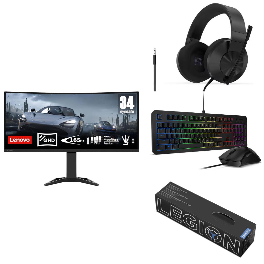 G34w-30 Gaming Curved Monitor With 34-inch WQHD VA Panel 66CFGAC1AE + Lenovo Legion H200 Gaming Headset + Lenovo Legion KM300 RGB Gaming Combo Black + Lenovo Legion Gaming XL Cloth Mouse Pad Black