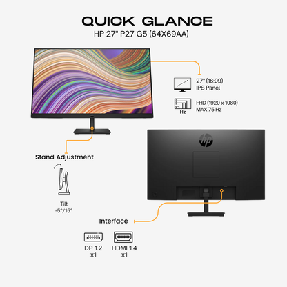 HP 27&quot; P27 G5 FHD Monitor – IPS Panel, 75Hz Refresh Rate, HDMI &amp; DisplayPort | 64X69AA