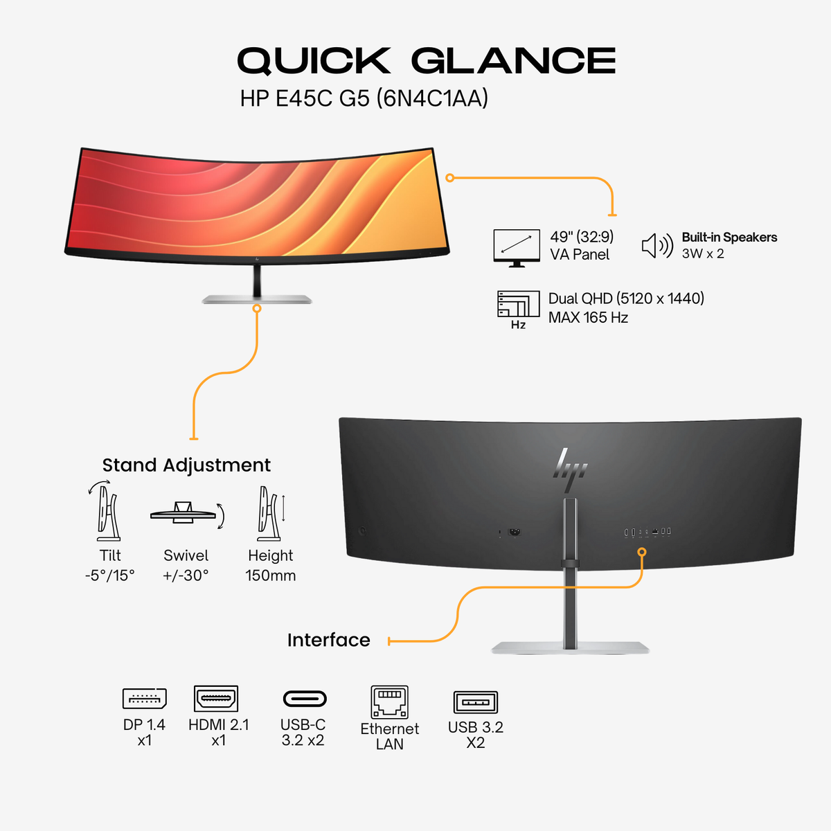 HP 45" E45c G5 Curved DQHD Monitor VA panel 165Hz- HDMI, DP,USB-C 6N4C1AA atomoffice