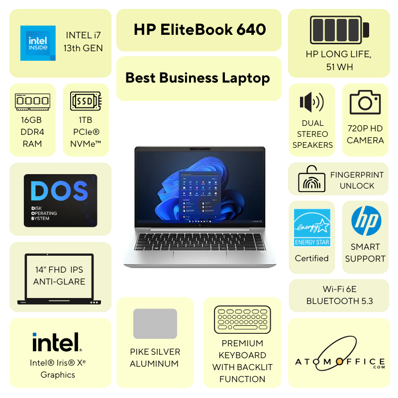 HP EliteBook 640 G10 - Intel Core i7-1355U 13th Gen , 16GB DDR4 RAM, 1 TB PCIe® NVMe™ SSD, FreeDOS, 14" Lightweight Business Laptop atomoffice