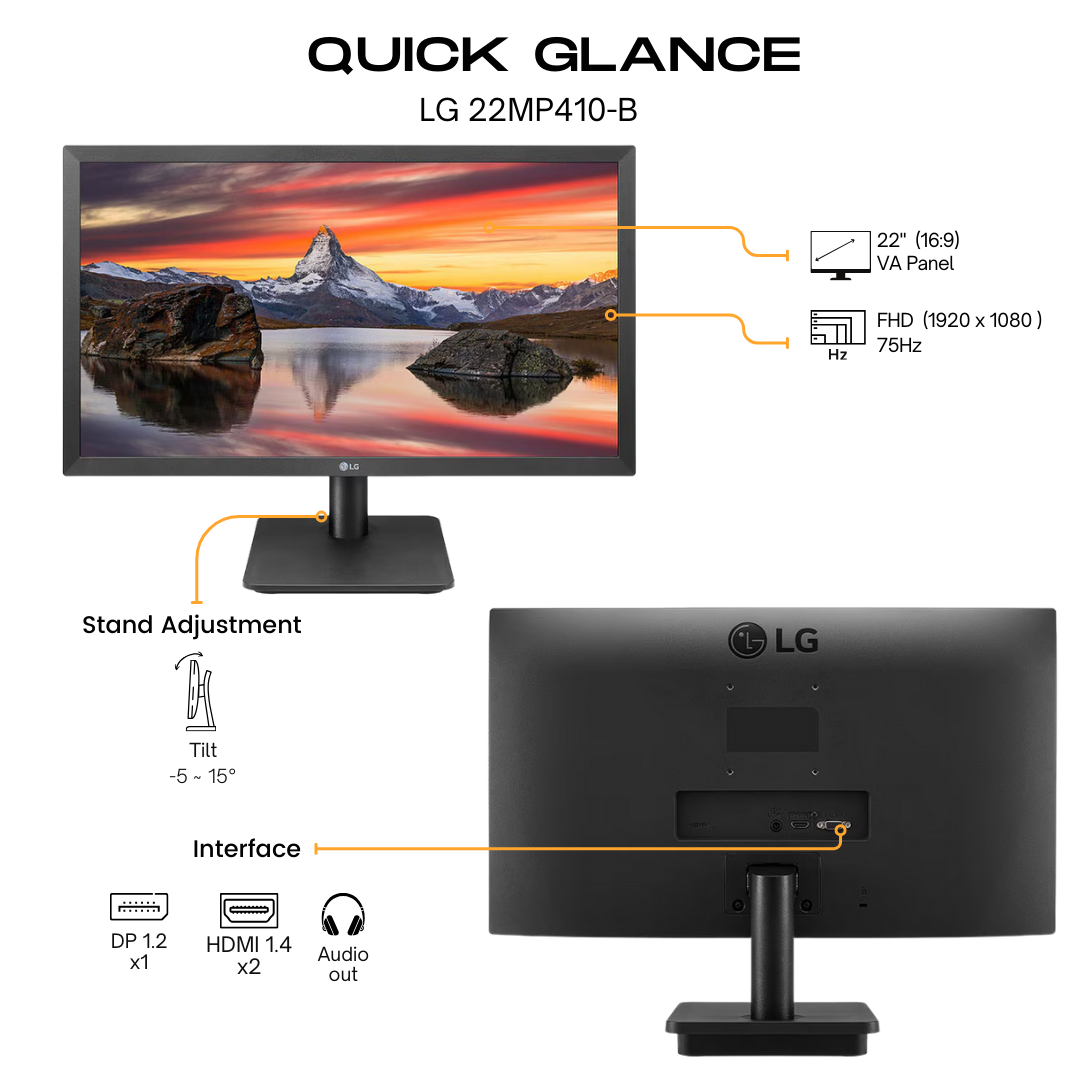 LG 22" 22MP410-B Flat FHD Monitor VA panel 75Hz- D-Sub,HDMI atomoffice