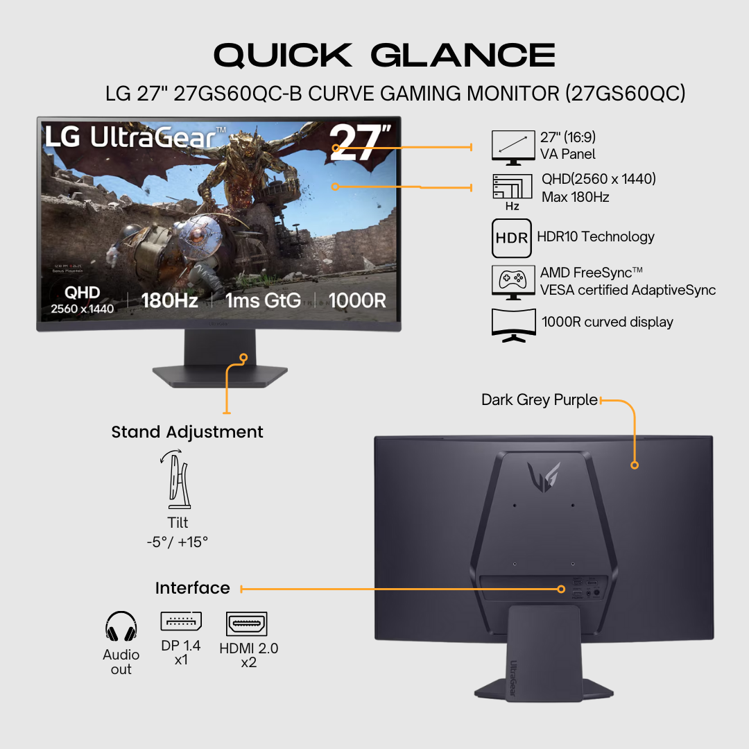 LG UltraGear™ 27GS60QC-B 27&quot; QHD 180Hz Curved Gaming Monitor