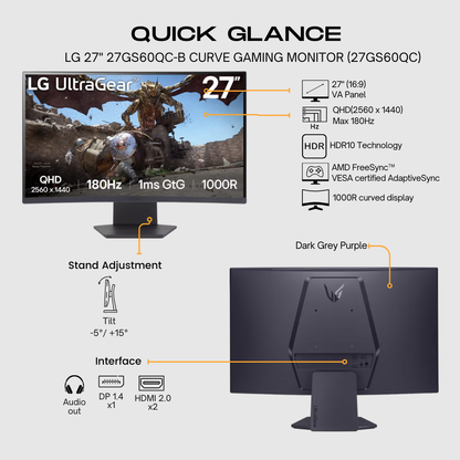 LG UltraGear™ 27GS60QC-B 27&quot; QHD 180Hz Curved Gaming Monitor