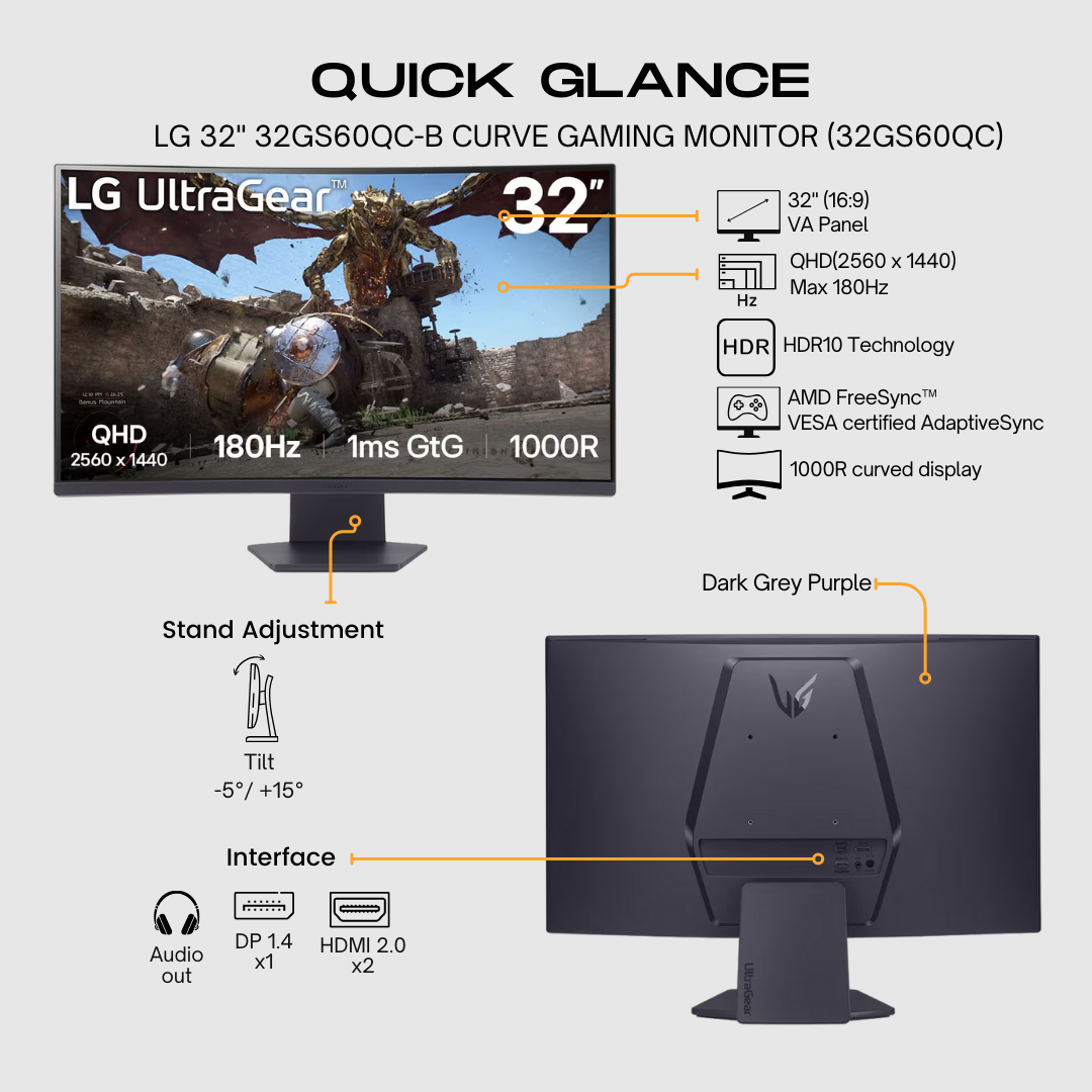 LG UltraGear™ 32GS60QC-B 32&quot; QHD 180Hz Curved Gaming Monitor