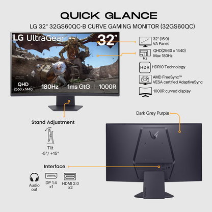 LG UltraGear™ 32GS60QC-B 32&quot; QHD 180Hz Curved Gaming Monitor
