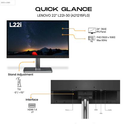 Lenovo 22&quot; L22i-30 Flat FHD Monitor IPS panel 75Hz- HDMI, VGA