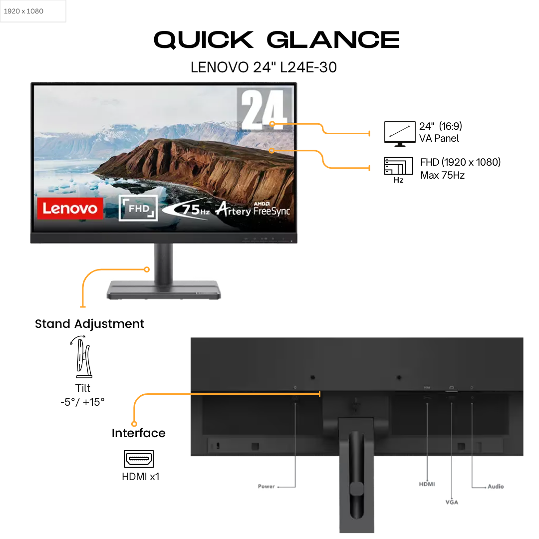 Lenovo 24&quot; L24e-30 Flat FHD Monitor VA panel 75Hz- DP, HDMI 66BCKAC2UK atomoffice