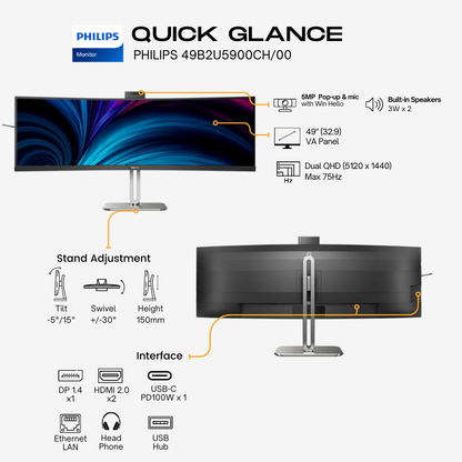 Philips 49&quot; 49B2U5900CH Curved SuperWide 4K DQHD Monitor, VA LCD Panel 75Hz- DP,HDMI,USBB-C with built in webcam and speaker