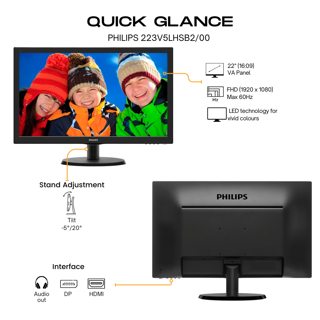 Philips 22&quot; 223V5L Flat FHD Monitor VA panel 60Hz- HDMI,VGA atomoffice