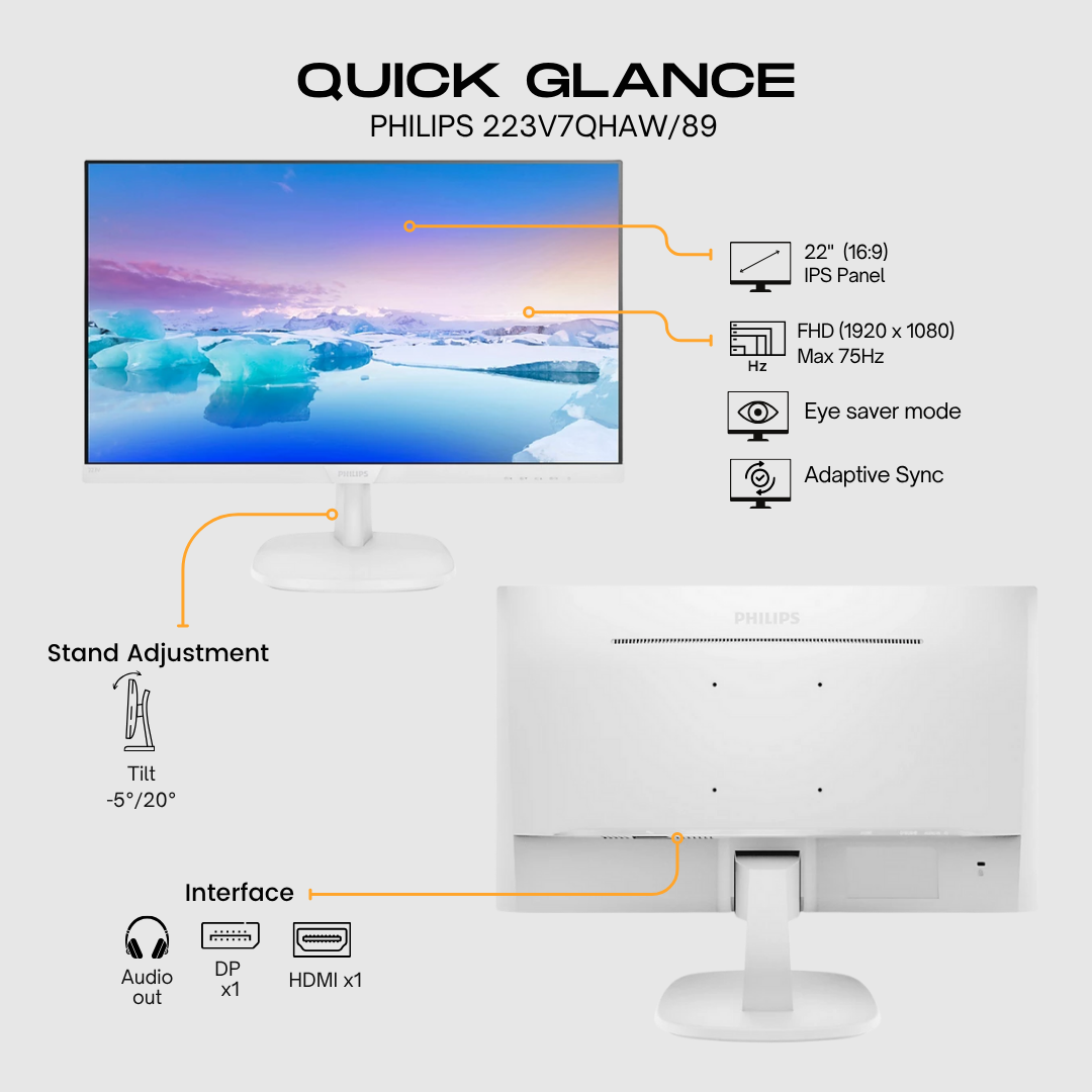 Philips 22inch Flat FHD Monitor IPS Panel 75Hz- HDMI, VGA, Speaker, White - 223V7QHAW/89 atomoffice