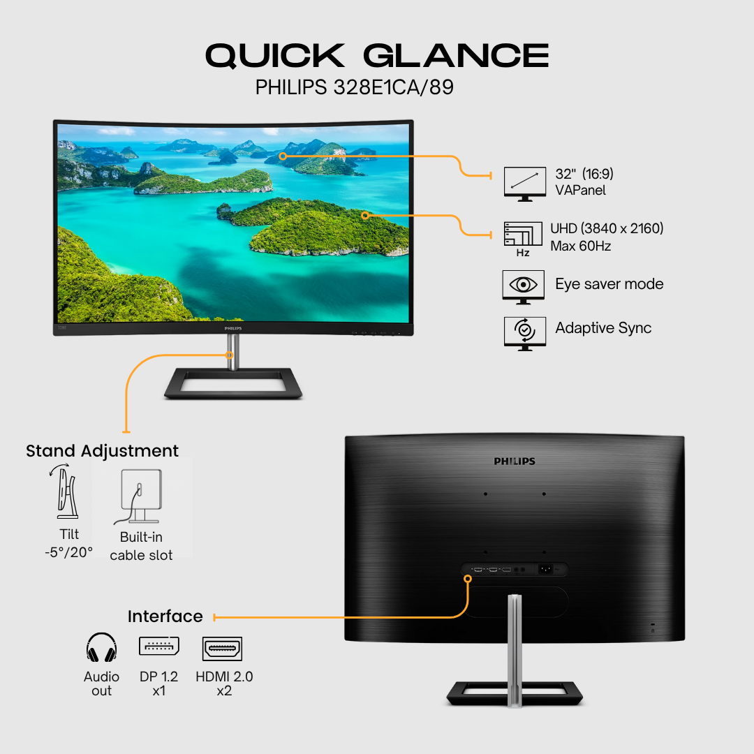 Philips 32" 328E1CA/89 Curved UltraClear 4K UHD Monitor, VA LCD Panel 60Hz- DP,HDMI with built in Speaker atomoffice