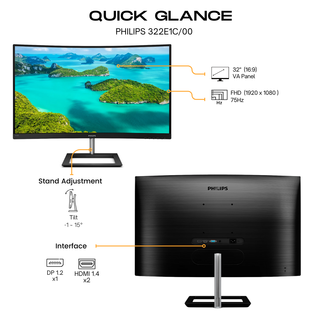 Philips 32 inch Super-Curved Frameless Full HD VA Monitor, Adaptive-Sync 75Hz, VESA 322E1C Black atomoffice