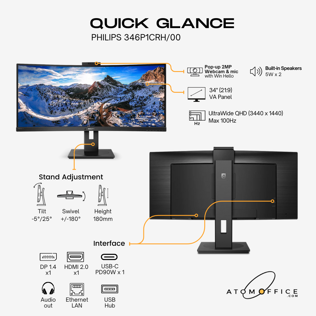 Philips 34&quot; 346P1CRH Curve UltraWide WQHD Monitor VA panel 100Hz- DP, HDMI, USB-C with bulit in Webcam and Speaker atomoffice